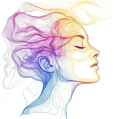 A young woman's face breaks through a crumbling mask representing breaking free of difficult memories.